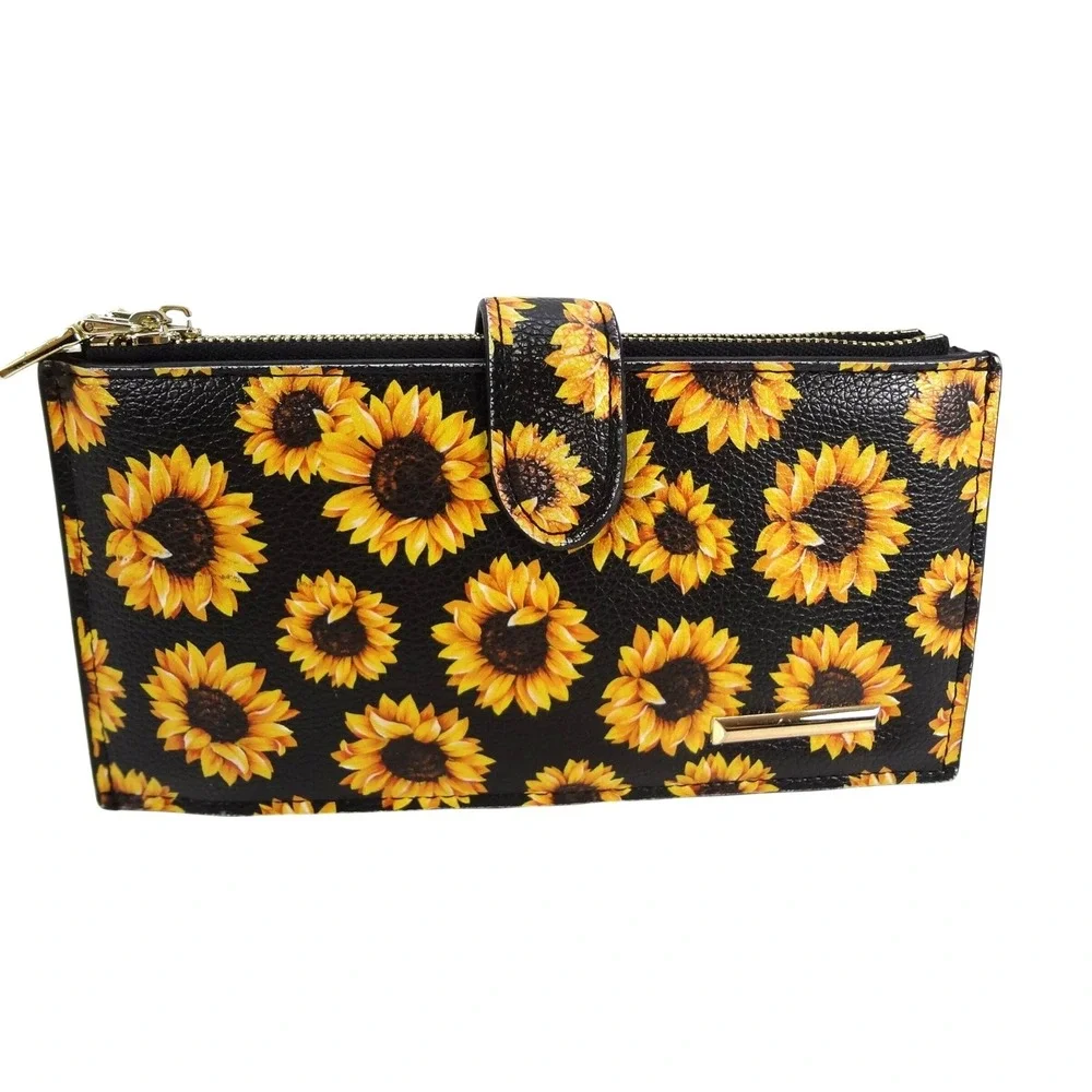 Sunflower Print Slim Bifold Wallet Black Yellow Faux Leather Dual‎ Zip Organizer